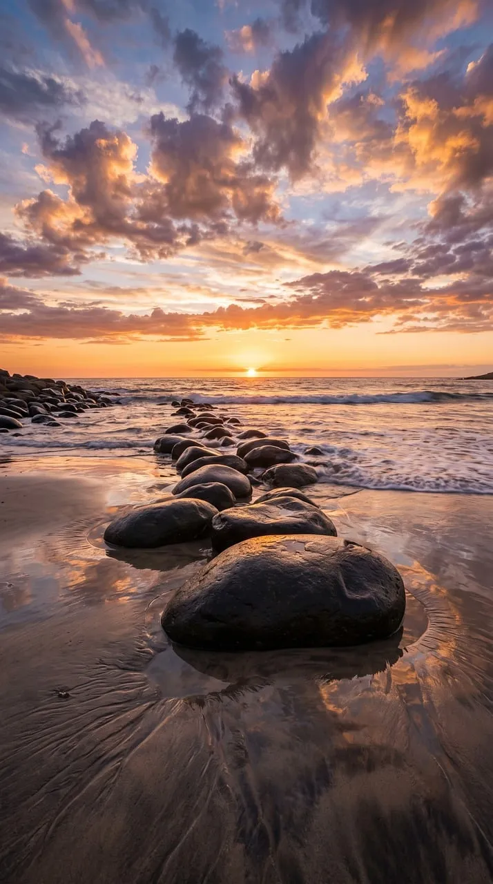 Breathtaking Sunset Over Serene Beach Stones