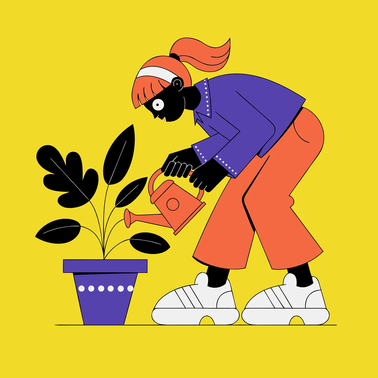 Vibrant Vintage Garden: Cartoon Girl Watering Plant