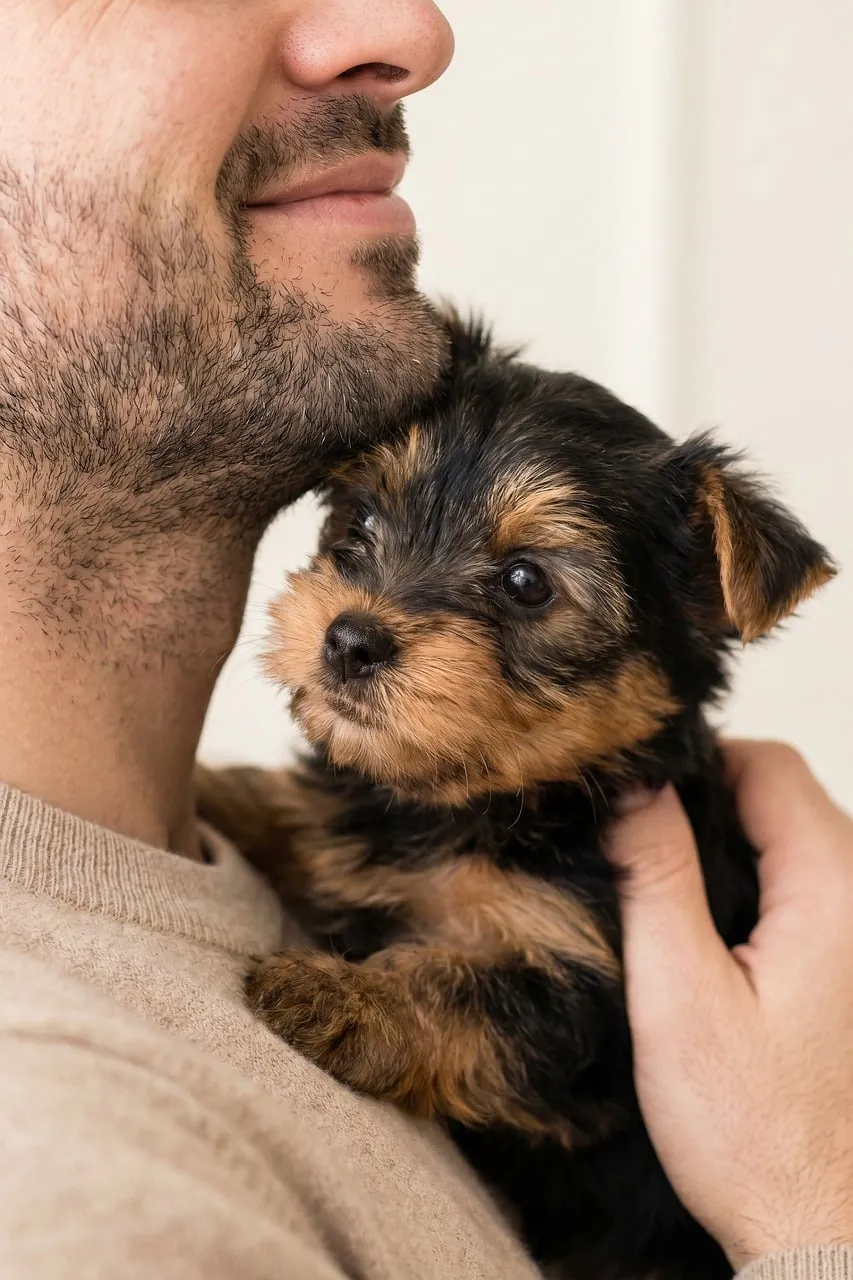 Adorably Fluffy Yorkshire Terrier Puppy Cuddles with Its Loving Owner