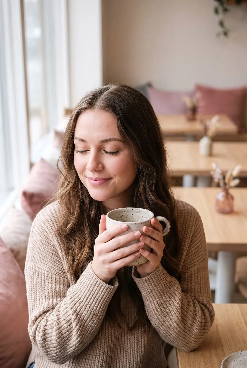 Cozy Morning Bliss: Woman Enjoys Coffee in Serene Cafe