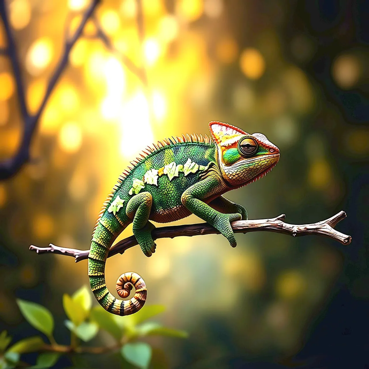 Vibrant Chameleon: Master of Camouflage in Golden Sunlight