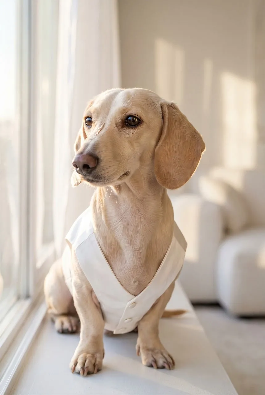 Elegant Dachshund in White Vest Bathed in Golden Sunset Light