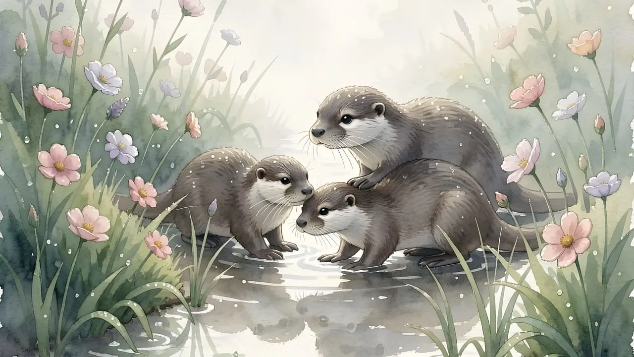 Enchanting Watercolor: Otters' Gentle Family Moment in Nature