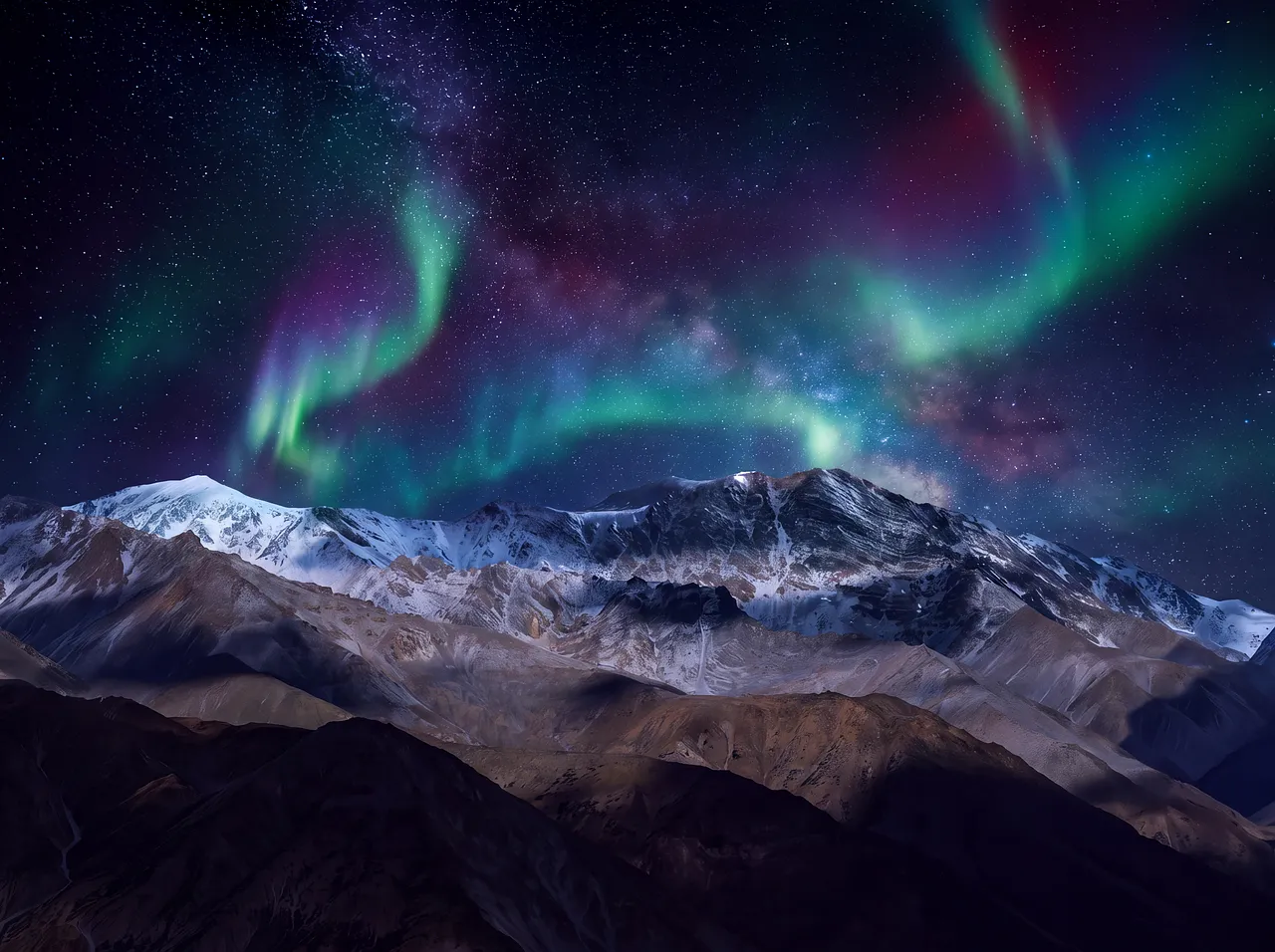 Breathtaking Aurora Borealis Dances Over Majestic Snowy Peaks