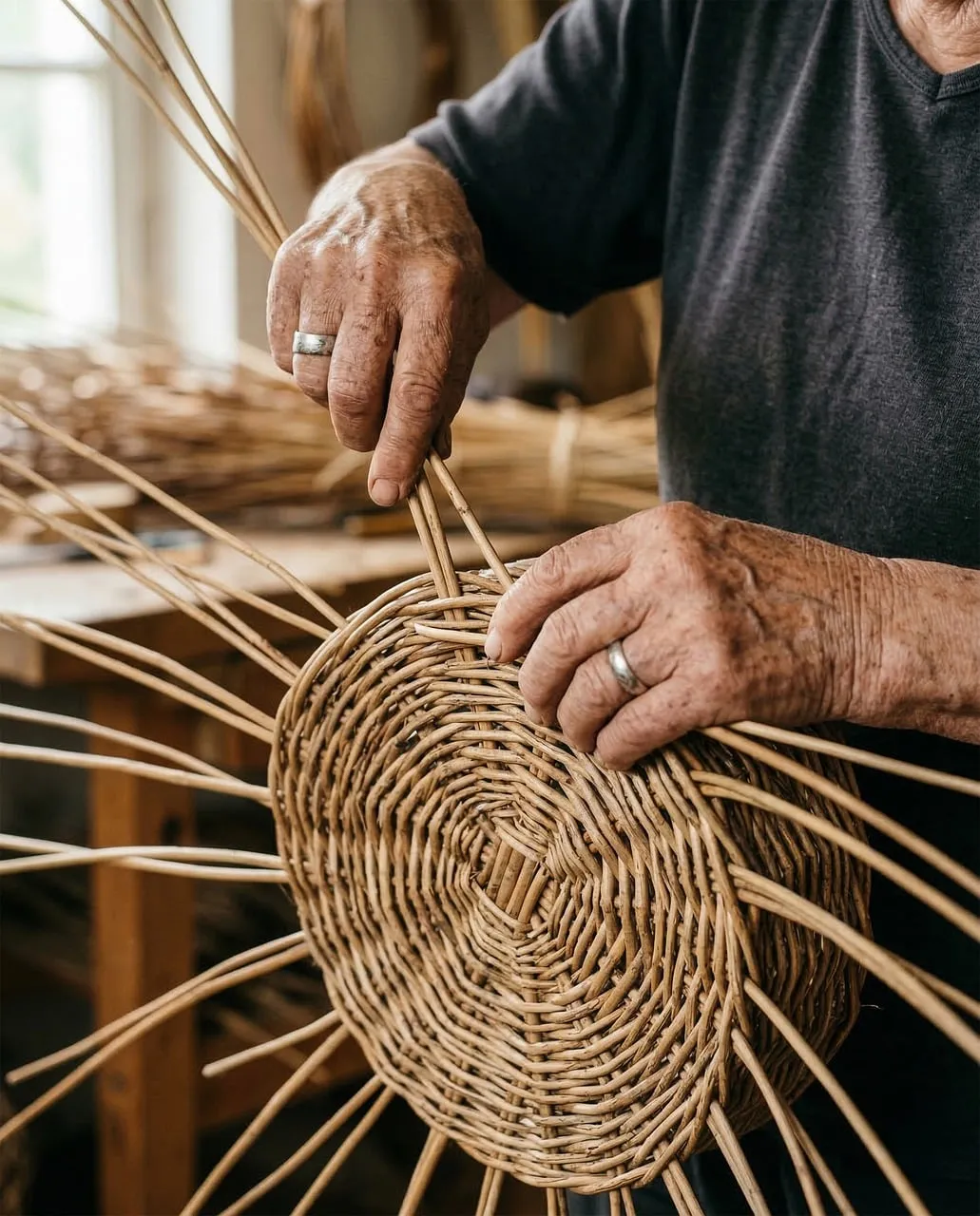 Timeless Craft: Hands Weaving a Willow Basket