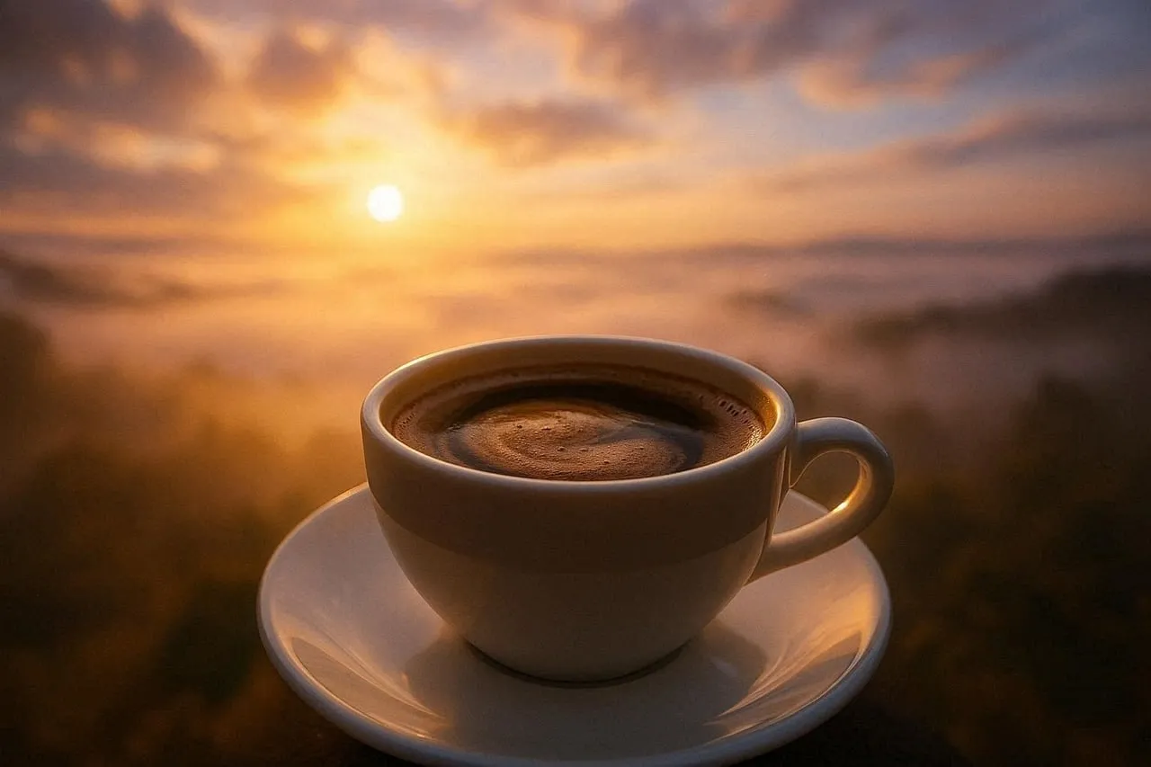 Breathtaking Dawn: Coffee Amidst Misty Golden Sunrise
