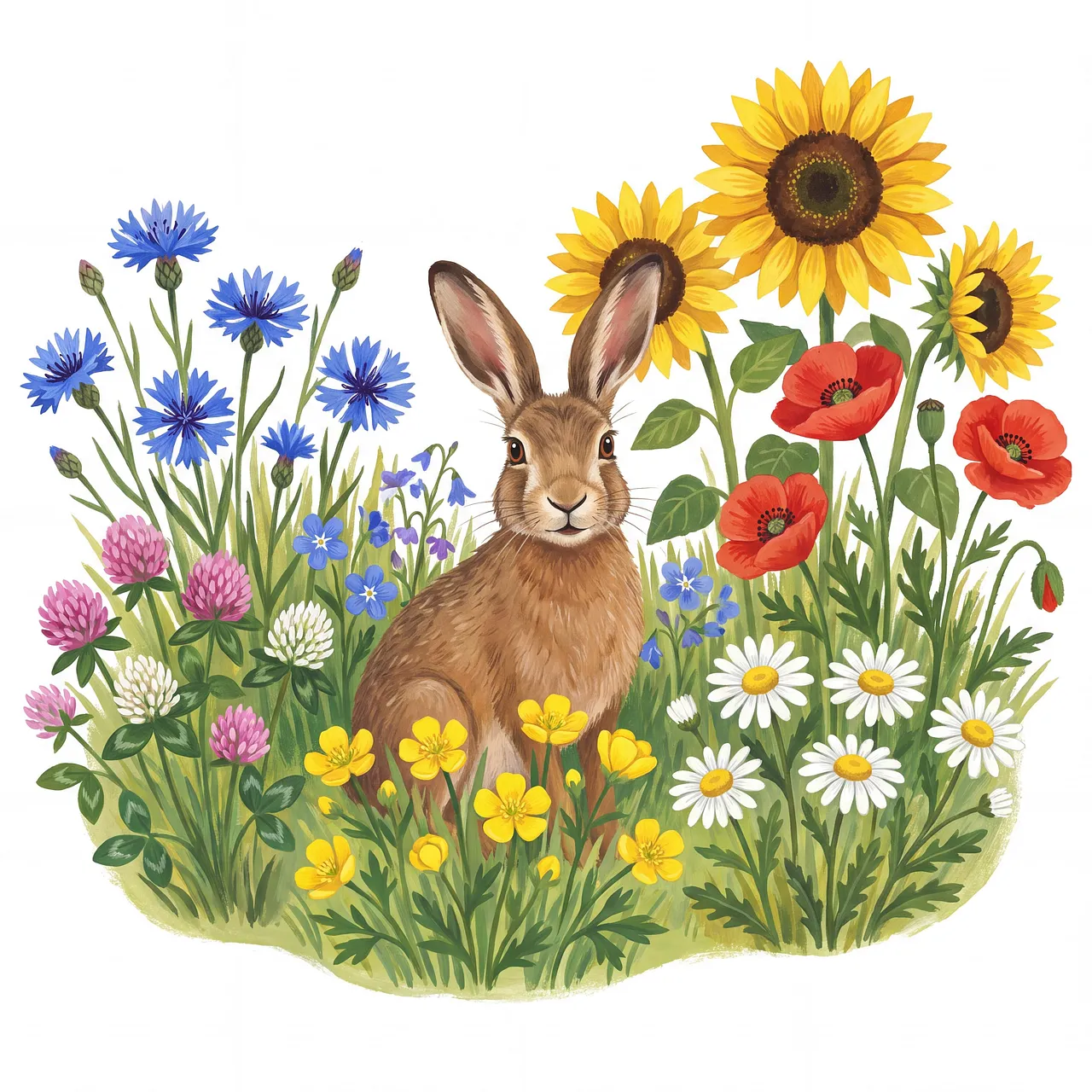 Charming Watercolor Rabbit Amidst Vibrant Wildflowers