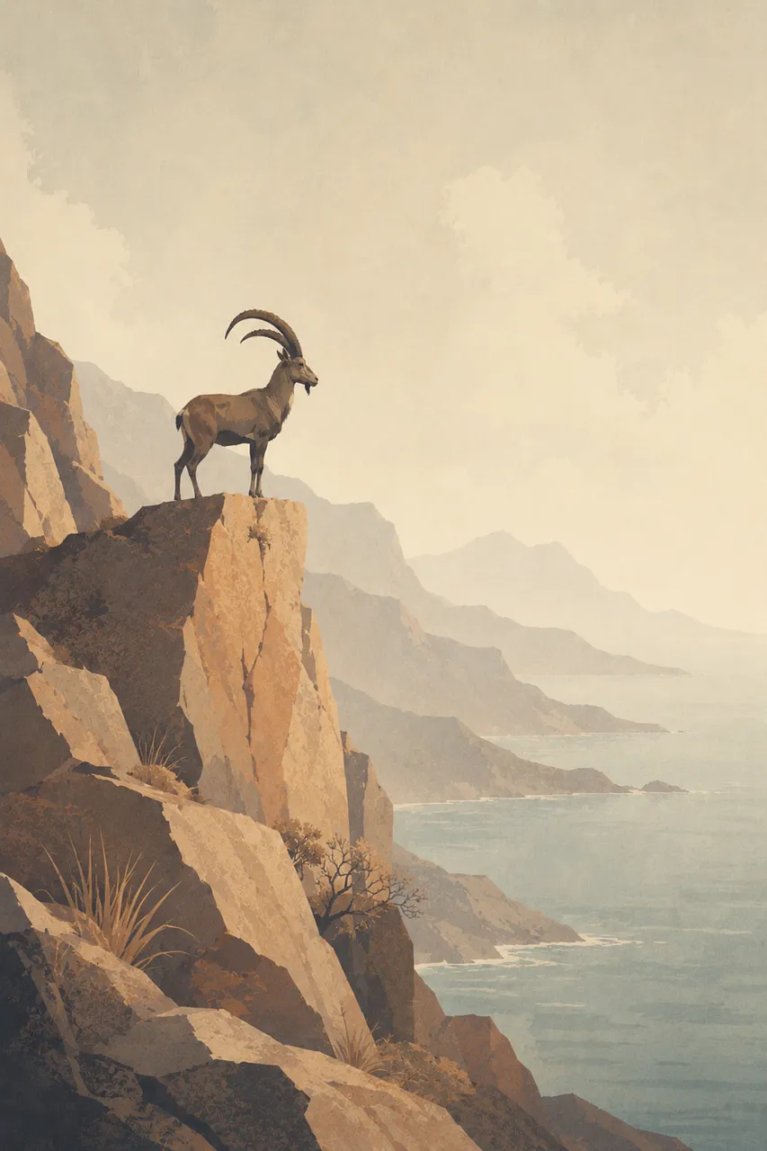 Majestic Ibex on Misty Coastal Cliffs: A Symphony of Solitude