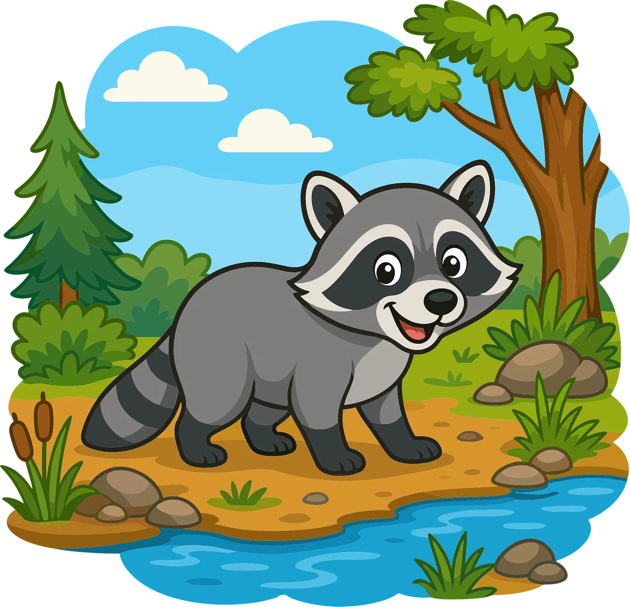 Charming Cartoon Raccoon: Forest Fun by the Stream