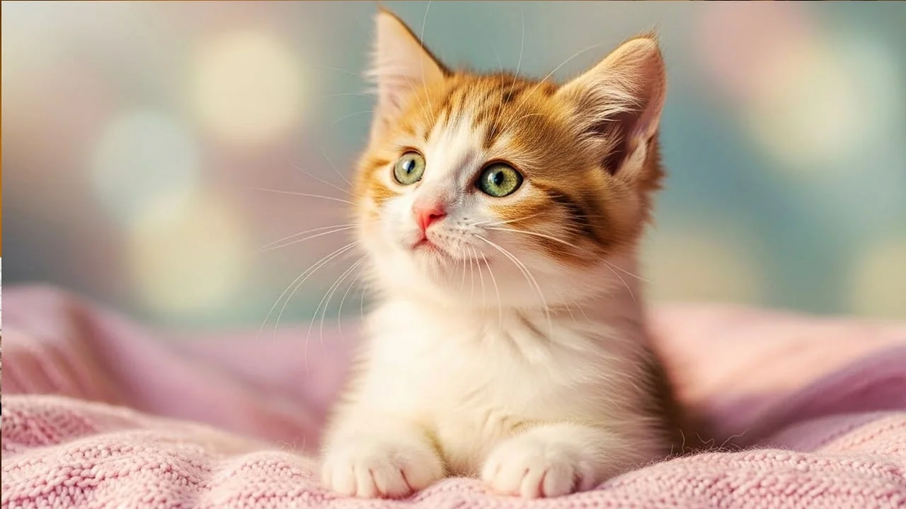 Enchanting Kitten: Fluffy Feline on Cozy Pink Blanket