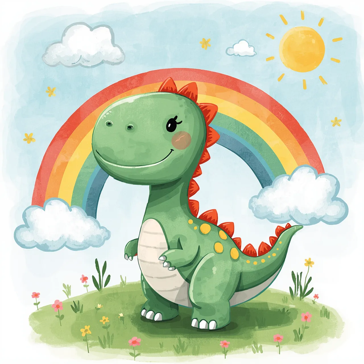 Charming Cartoon Dinosaur Under a Vibrant Rainbow