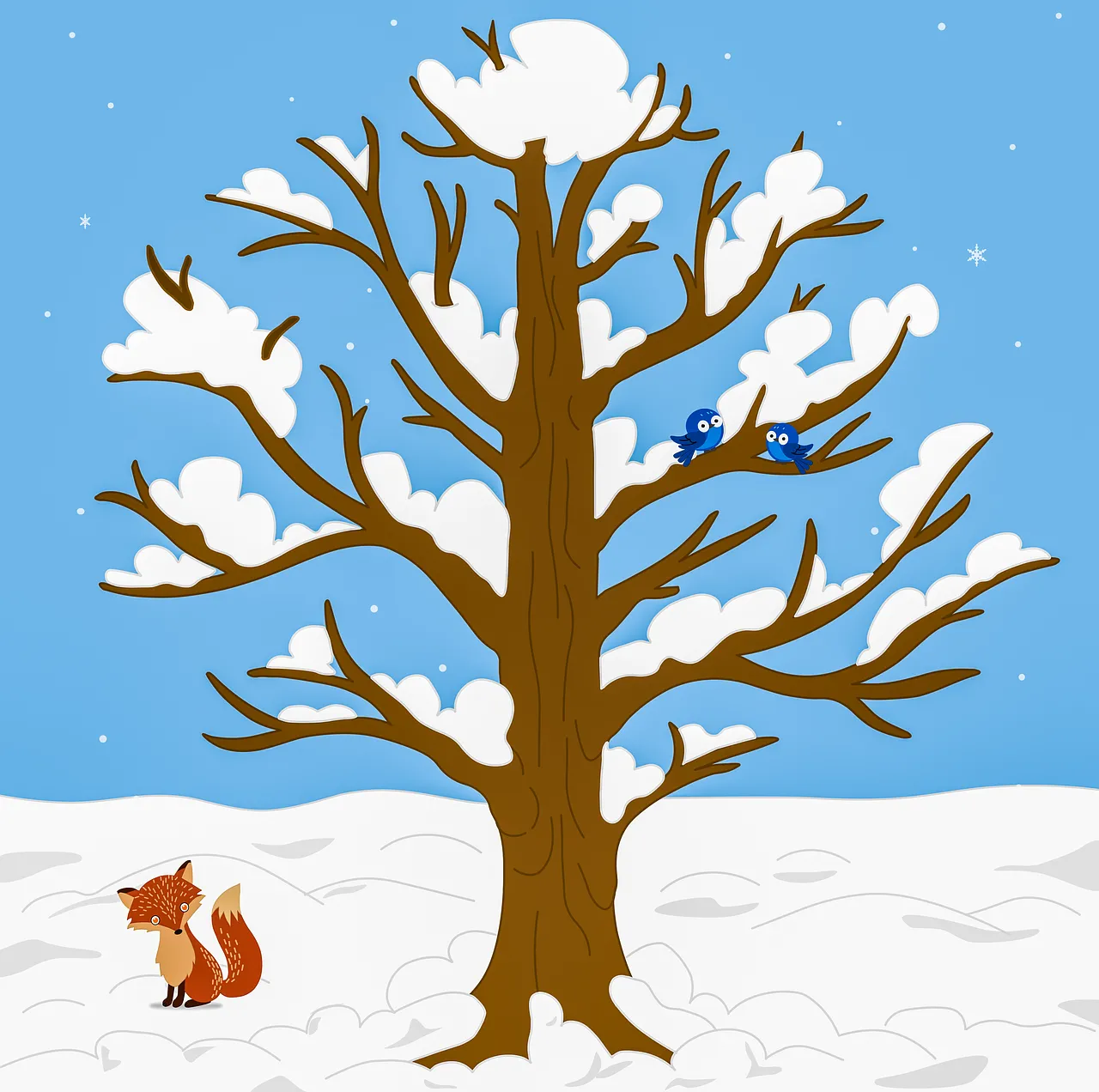 Charming Winter Wonderland: Fox and Birds in Snowy Forest