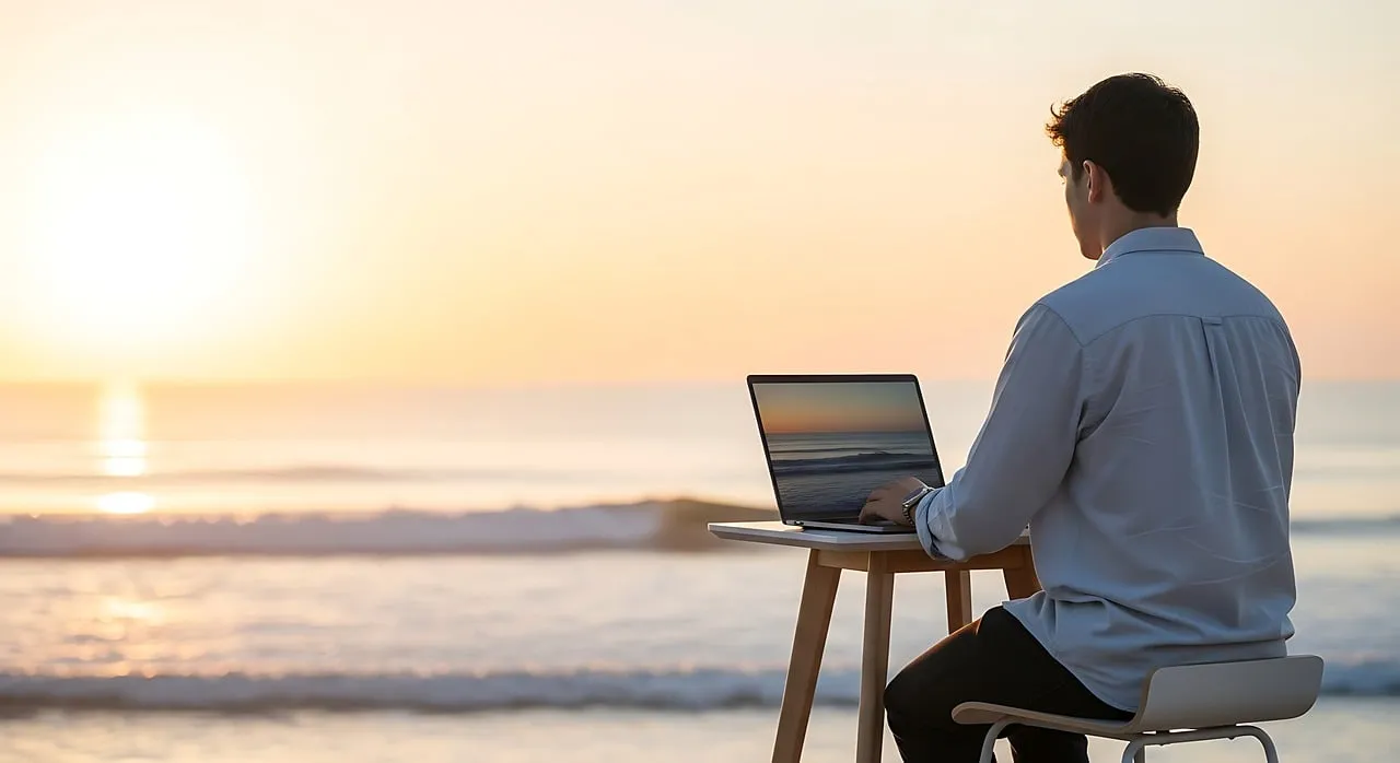 Stunning Sunset Remote Work: Digital Nomad Beach Office