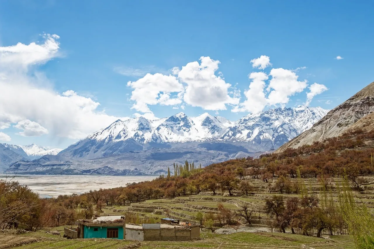Majestic Karakoram Panorama: Serene Valley and Snowy Peaks