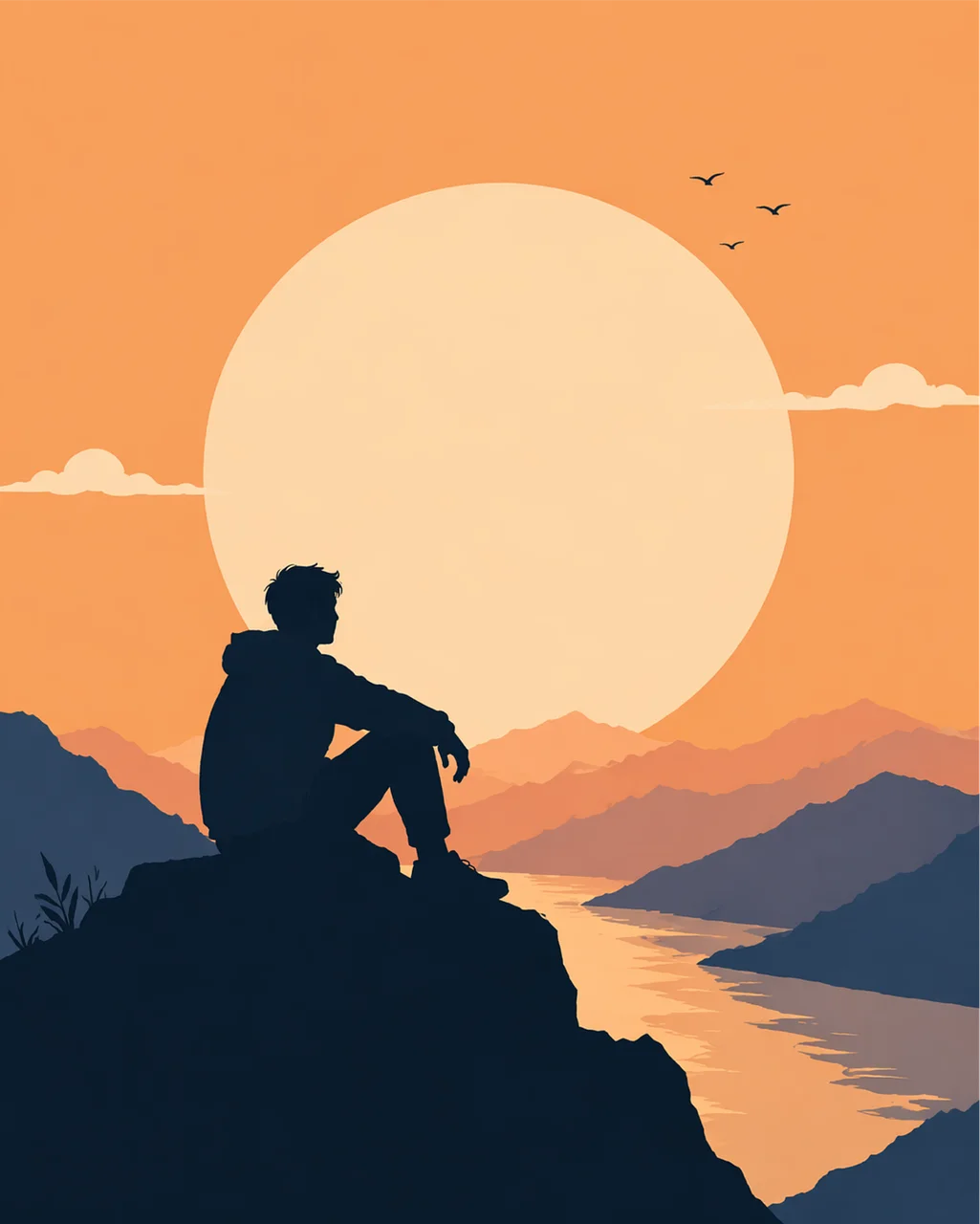 Stunning Sunset Serenity: Man Meditating by Mountain River
