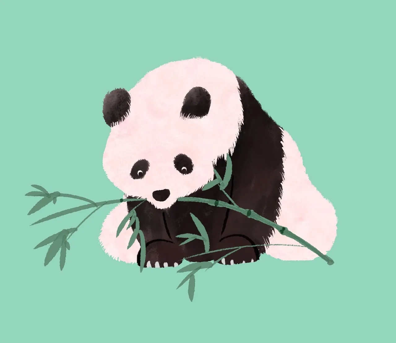 Charming Cartoon Panda Enjoying Bamboo on Green