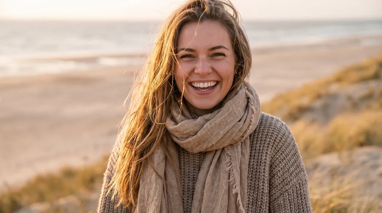 Radiant Blonde Woman on Beach at Golden Hour