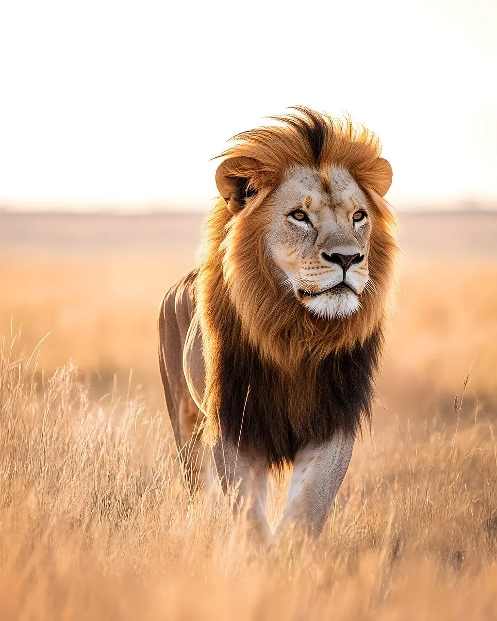 Majestic Lion's Sunset Stroll on Golden Savanna