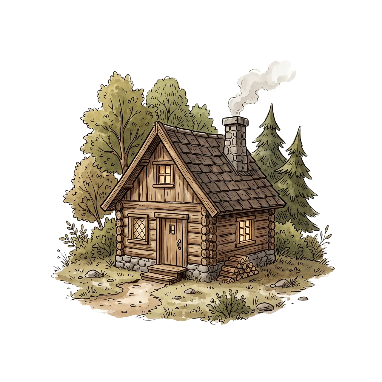 Charming Woodland Log Cabin: Cozy Nature Escape Illustration