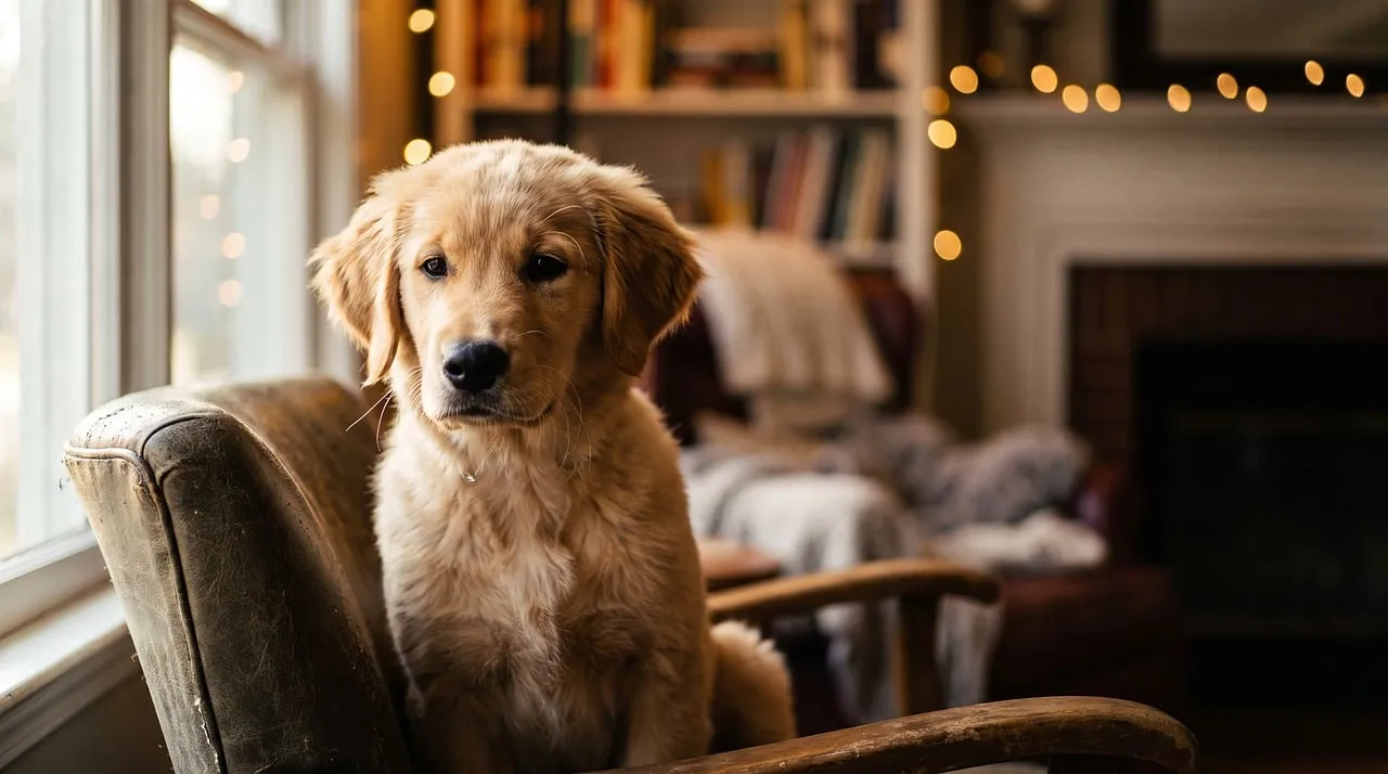 Adorable Golden Retriever Puppy Portrait in a Cozy Home