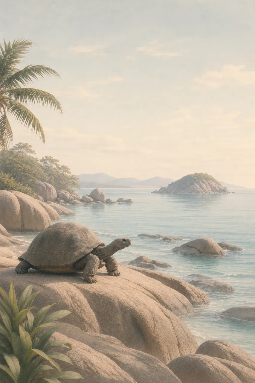 Serene Shoreline: Giant Tortoise on Tropical Paradise