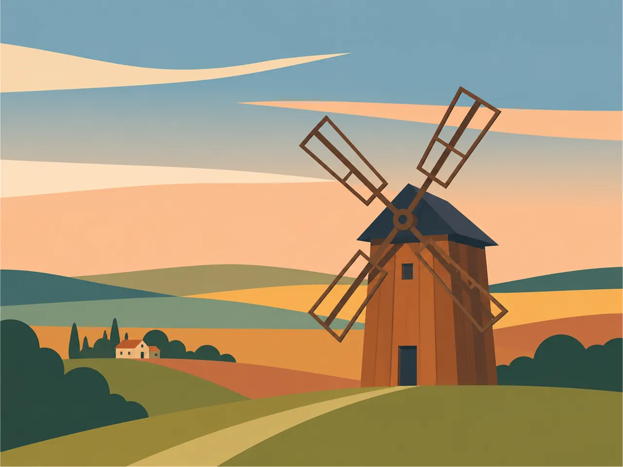 Charming Dutch Countryside Sunset with Traditional Windmill