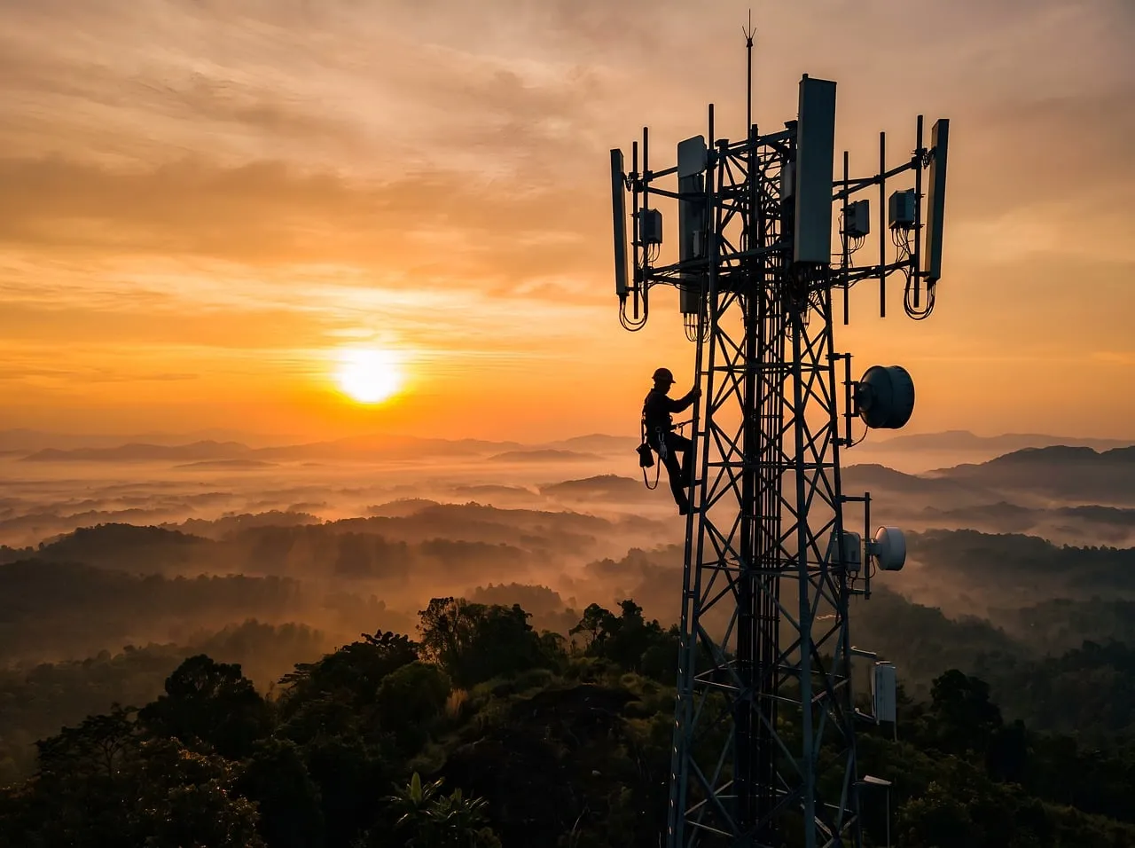 Silhouette of Technician on Telecom Tower at Fiery Sunset