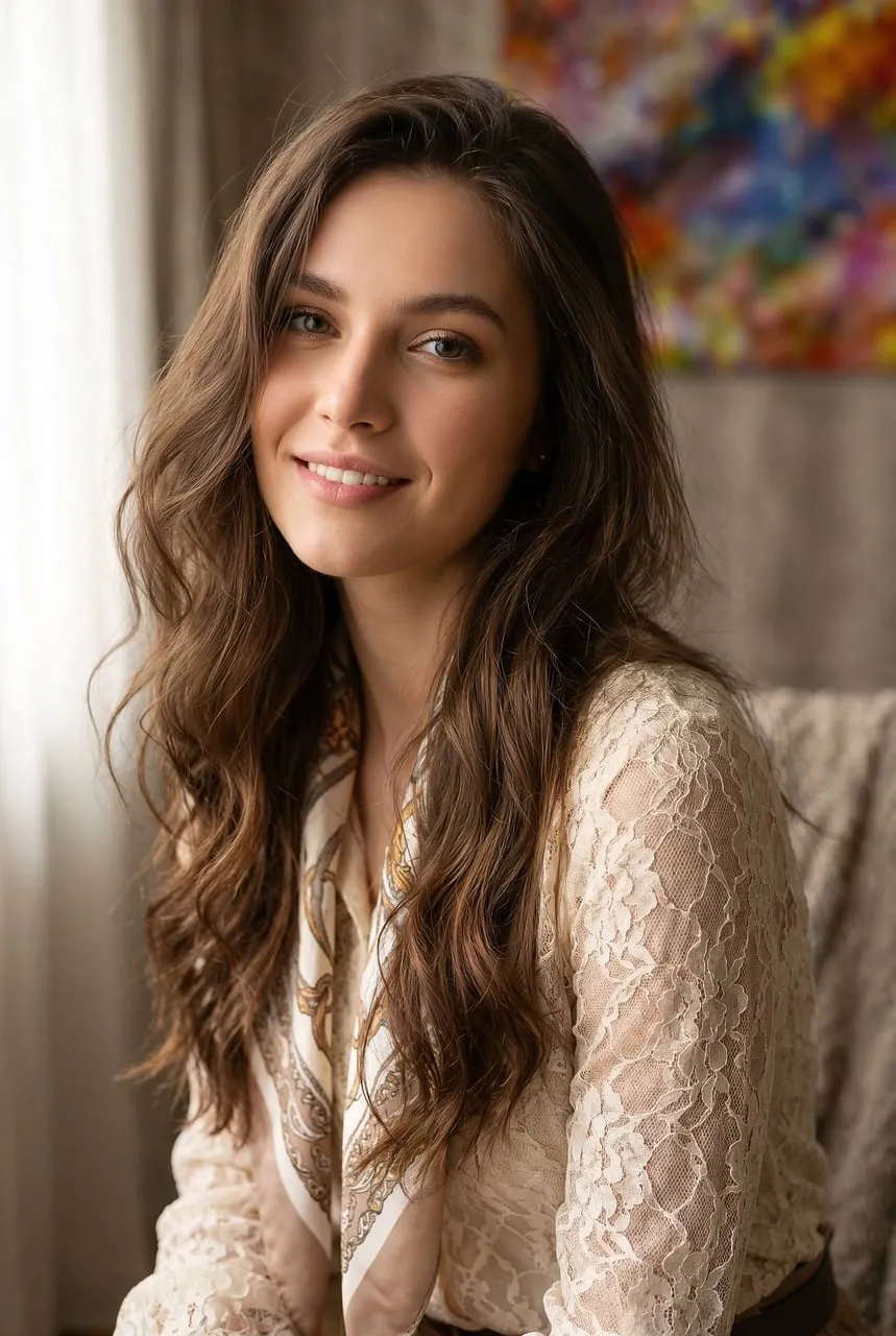 Radiant Young Woman in Lace Blouse: Natural Light Portrait