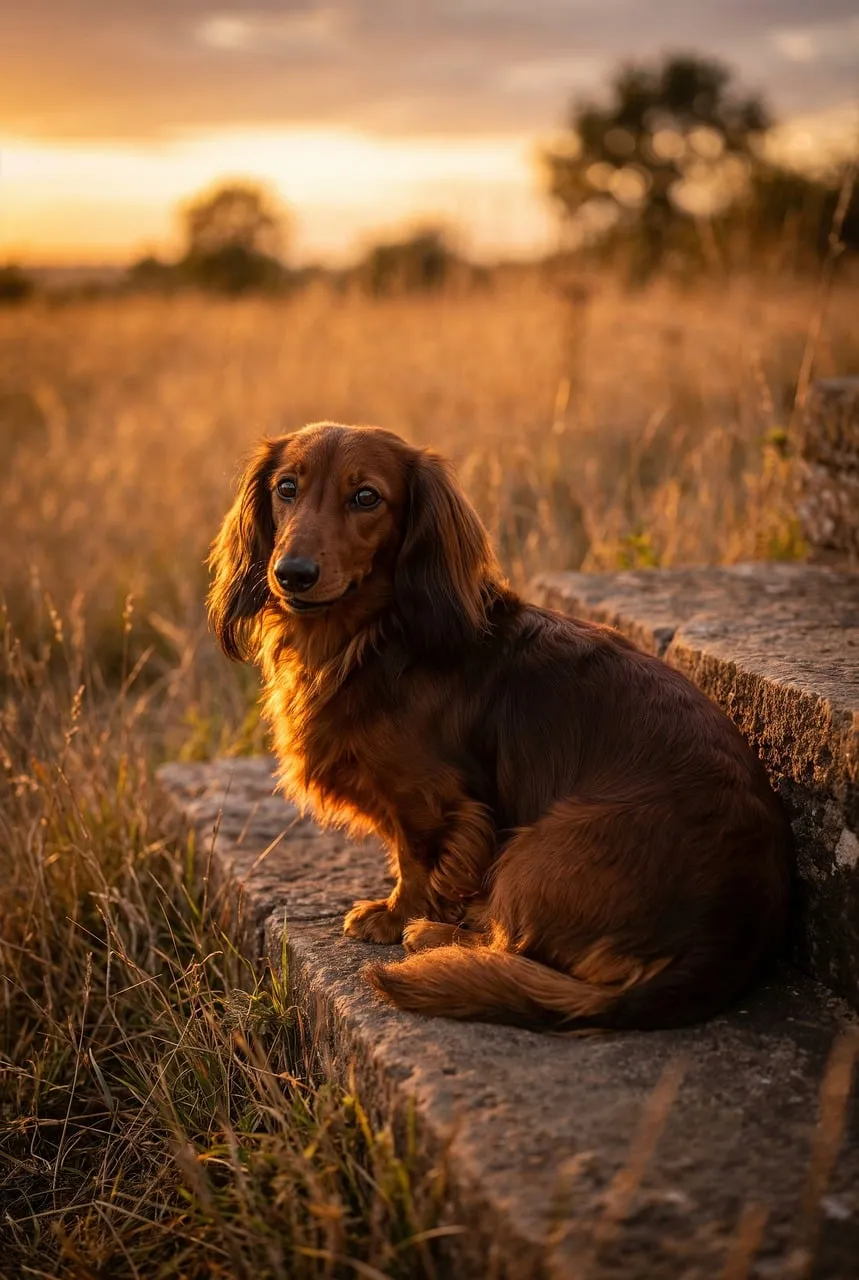 Golden Hour Dachshund: A Serene Autumn Sunset Portrait