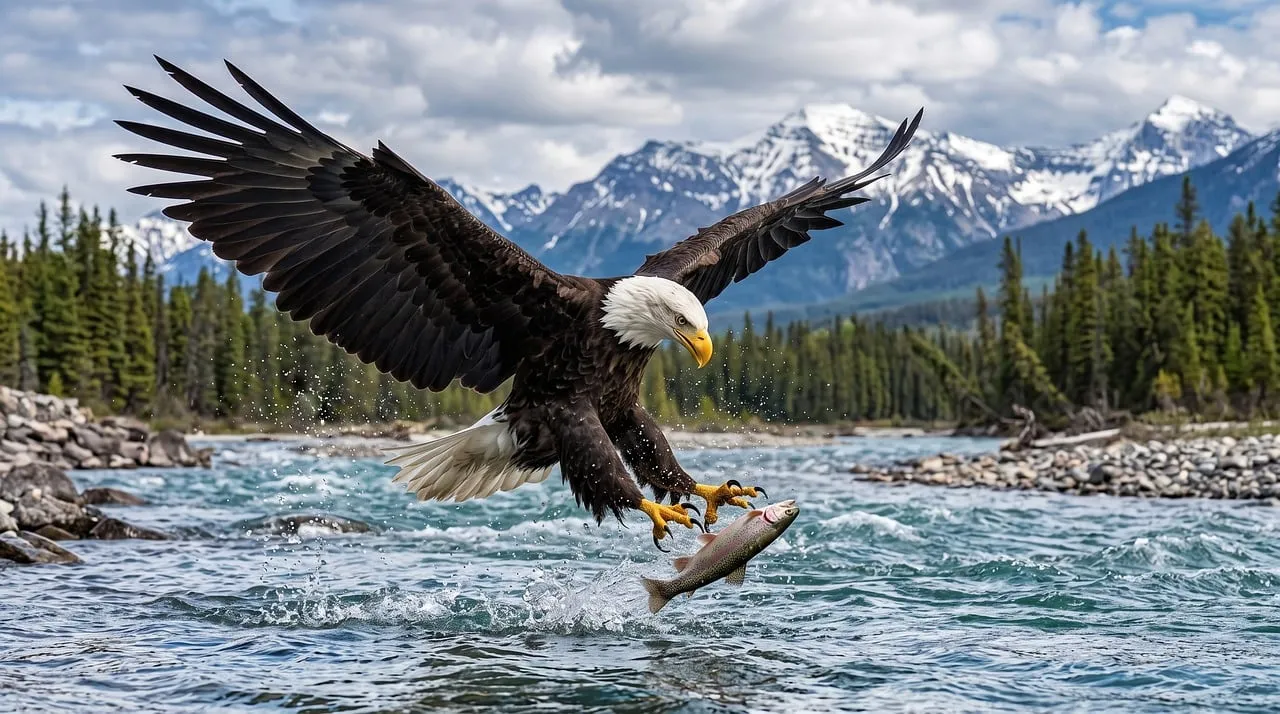 Majestic Bald Eagle Catches Fish in Mountain Wilderness