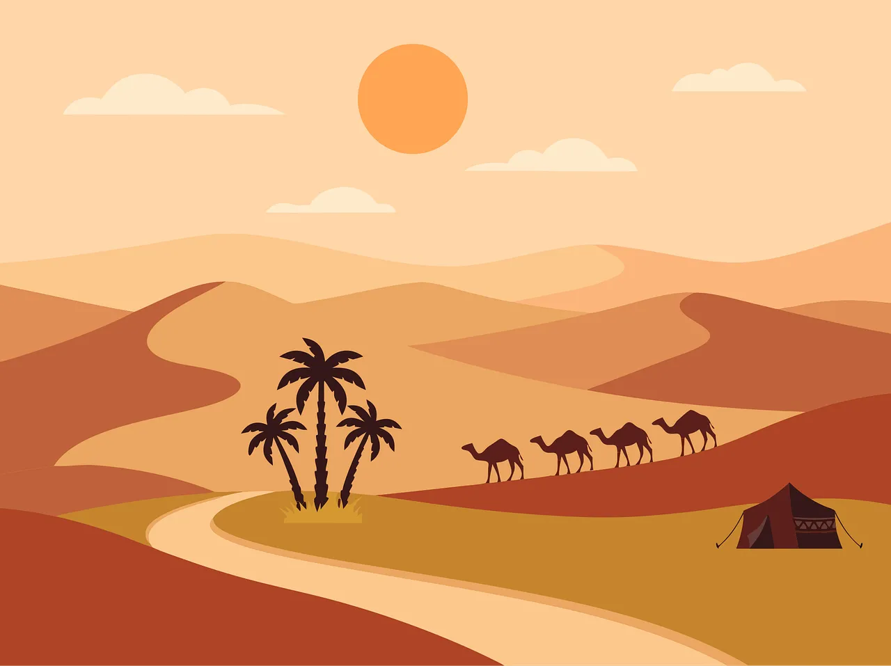 Enchanting Desert Sunset: Camels and Oasis Adventure