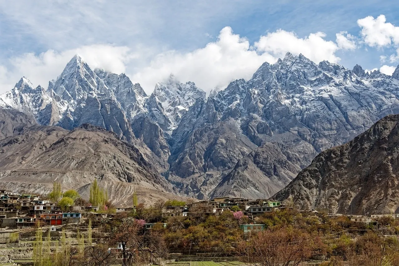 Majestic Karakoram Peaks: Serene Village Life in Spring