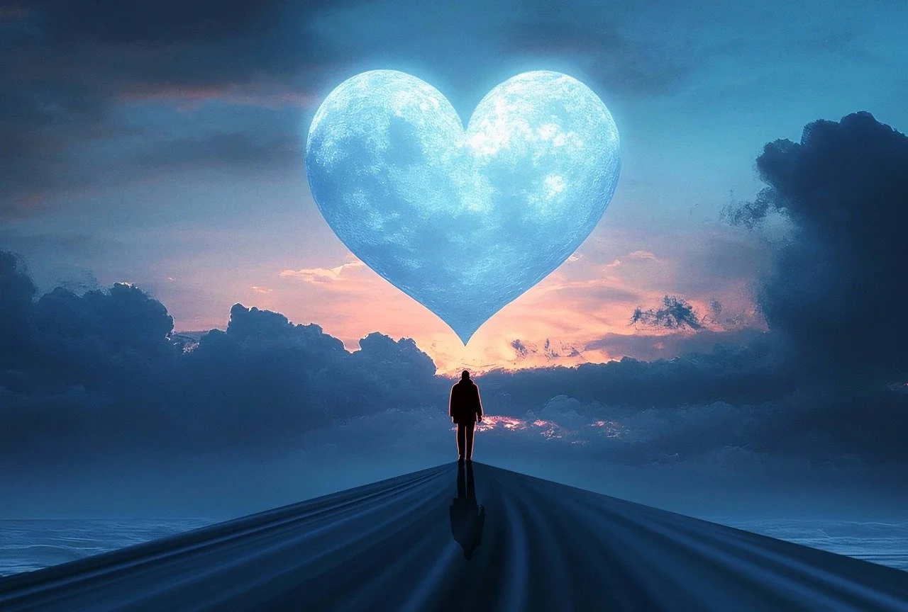 Enchanting Blue Heart Moon Illuminates a Surreal Sunset Journey